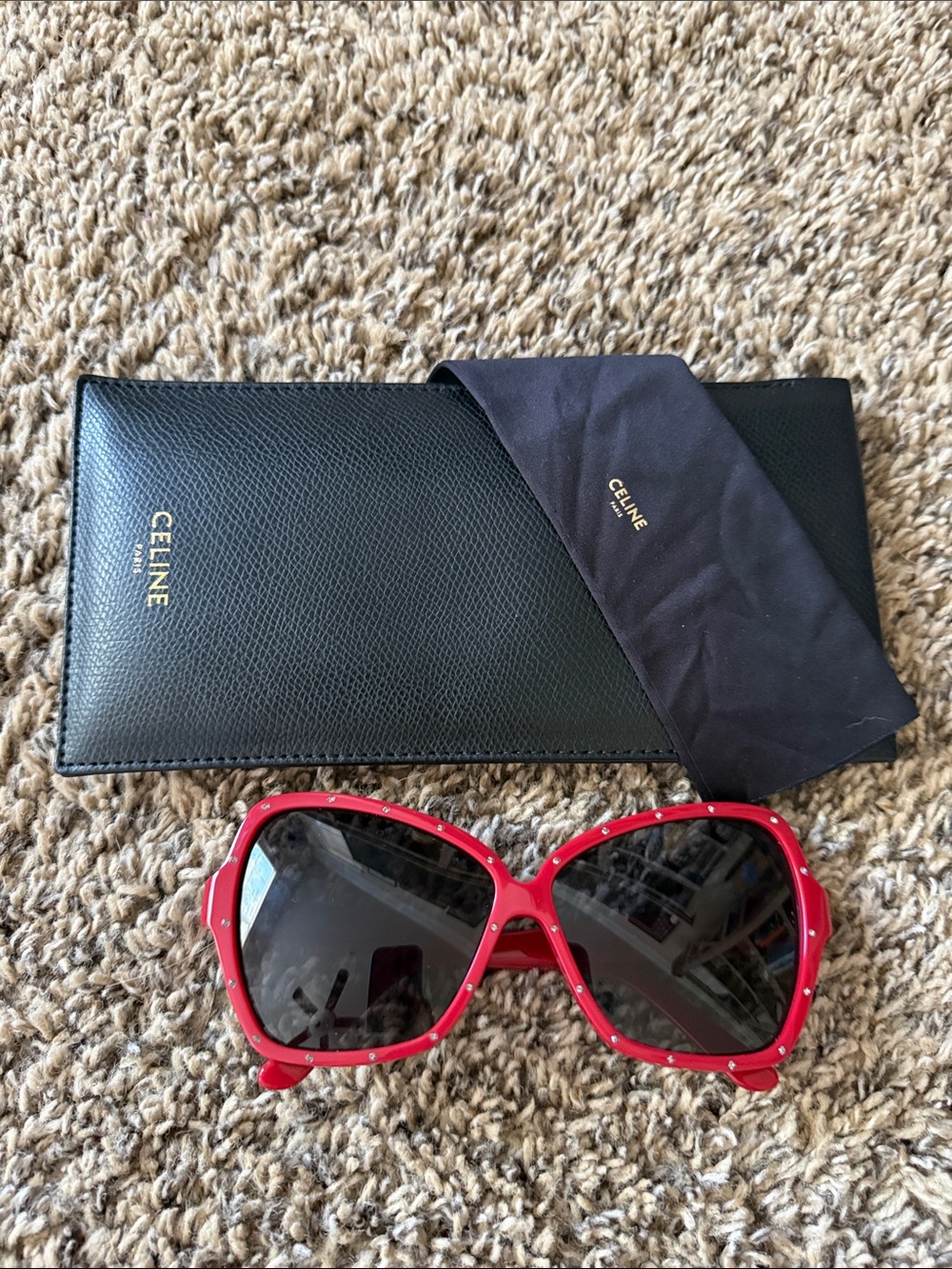 Authentic Celine Red Studded Oversized Sunglasses with Dark Lenses